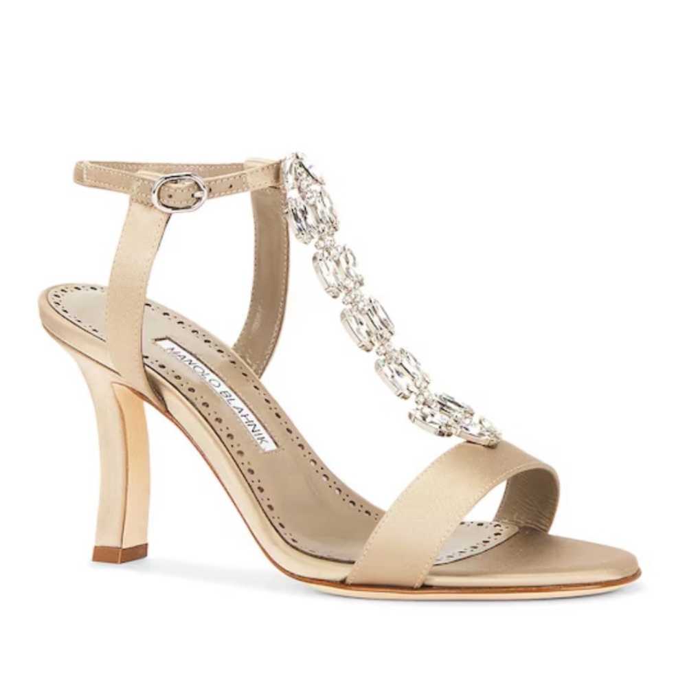 Manolo Blahnik Molasan Metallic Satin Jewel Embellished Heeled Sandal